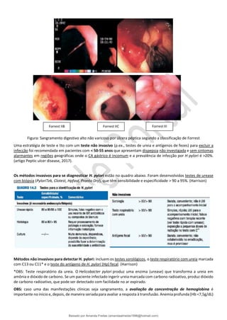 Figura: Sangramento digestivo alto não varicoso por úlcera péptica segundo a classificação de Forrest
Uma estratégia de teste e tto com um teste não invasivo (p.ex., testes de ureia e antígenos de fezes) para excluir a
infecção foi recomendada em pacientes com < 50-55 anos que apresentam dispepsia não investigada e sem sintomas
alarmantes em regiões geográficas onde o CA gástrico é incomum e a prevalência de infecção por H pylori é >20%.
(artigo Peptic ulcer disease, 2017).
Os métodos invasivos para se diagnosticar H. pylori estão no quadro abaixo. Foram desenvolvidos testes de urease
com biópsia (PyloriTek, Clotest, Hpfast, Pronto Dry), que têm sensibilidade e especificidade > 90 a 95%. (Harrison)
Métodos não invasivos para detectar H. pylori: incluem os testes sorológicos, o teste respiratório com ureia marcada
com C13 ou C11* e o teste do antígeno de H. pylori (Hp) fecal. (Harrison)
*OBS: Teste respiratório da ureia. O Helicobacter pylori produz uma enzima (urease) que transforma a ureia em
amônia e dióxido de carbono. Se um paciente infectado ingerir ureia marcada com carbono radioativo, produz dióxido
de carbono radioativo, que pode ser detectado com facilidade no ar expirado.
OBS: caso uma das manifestações clínicas seja sangramento, a avaliação da concentração de hemoglobina é
importante no início e, depois, de maneira seriada para avaliar a resposta à transfusão. Anemia profunda (Hb <7,5g/dL)
Forrest IIB Forrest IIC Forrest III
Baixado por Amanda Freitas (amandaalmeida1996@hotmail.com)
lOMoARcPSD|5059377
 