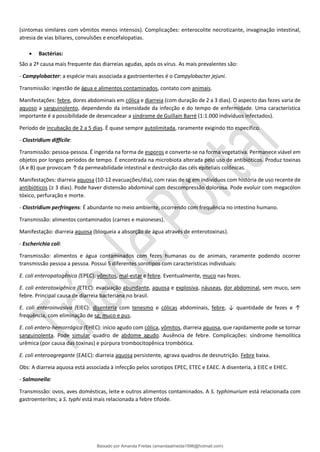(sintomas similares com vômitos menos intensos). Complicações: enterocolite necrotizante, invaginação intestinal,
atresia de vias biliares, convulsões e encefalopatias.
• Bactérias:
São a 2ª causa mais frequente das diarreias agudas, após os vírus. As mais prevalentes são:
- Campylobacter: a espécie mais associada a gastroenterites é o Campylobacter jejuni.
Transmissão: ingestão de água e alimentos contaminados, contato com animais.
Manifestações: febre, dores abdominais em cólica e diarreia (com duração de 2 a 3 dias). O aspecto das fezes varia de
aquoso a sanguinolento, dependendo da intensidade da infecção e do tempo de enfermidade. Uma característica
importante é a possibilidade de desencadear a síndrome de Guillain Barré (1:1.000 indivíduos infectados).
Período de incubação de 2 a 5 dias. É quase sempre autolimitada, raramente exigindo tto específico.
- Clostridium difficile:
Transmissão: pessoa-pessoa. É ingerida na forma de esporos e converte-se na forma vegetativa. Permanece viável em
objetos por longos períodos de tempo. É encontrada na microbiota alterada pelo uso de antibióticos. Produz toxinas
(A e B) que provocam ↑da permeabilidade intestinal e destruição das céls epiteliais colônicas.
Manifestações: diarreia aquosa (10-12 evacuações/dia), com raias de sg em indivíduos com história de uso recente de
antibióticos (≥ 3 dias). Pode haver distensão abdominal com descompressão dolorosa. Pode evoluir com megacólon
tóxico, perfuração e morte.
- Clostridium perfringens: É abundante no meio ambiente, ocorrendo com frequência no intestino humano.
Transmissão: alimentos contaminados (carnes e maioneses).
Manifestação: diarreia aquosa (bloqueia a absorção de água através de enterotoxinas).
- Escherichia coli:
Transmissão: alimentos e água contaminados com fezes humanas ou de animais, raramente podendo ocorrer
transmissão pessoa a pessoa. Possui 5 diferentes sorotipos com características individuais:
E. coli enteropatogênica (EPEC): vômitos, mal-estar e febre. Eventualmente, muco nas fezes.
E. coli enterotoxigênica (ETEC): evacuação abundante, aquosa e explosiva, náuseas, dor abdominal, sem muco, sem
febre. Principal causa de diarreia bacteriana no brasil.
E. coli enteroinvasiva (EIEC): disenteria com tenesmo e cólicas abdominais, febre, ↓ quantidade de fezes e ↑
frequência, com eliminação de sg, muco e pus.
E. coli entero-hemorrágica (EHEC): início agudo com cólica, vômitos, diarreia aquosa, que rapidamente pode se tornar
sanguinolenta. Pode simular quadro de abdome agudo. Ausência de febre. Complicações: síndrome hemolítica
urêmica (por causa das toxinas) e púrpura trombocitopênica trombótica.
E. coli enteroagregante (EAEC): diarreia aquosa persistente, agrava quadros de desnutrição. Febre baixa.
Obs: A diarreia aquosa está associada à infecção pelos sorotipos EPEC, ETEC e EAEC. A disenteria, à EIEC e EHEC.
- Salmonella:
Transmissão: ovos, aves domésticas, leite e outros alimentos contaminados. A S. typhimurium está relacionada com
gastroenterites; a S. typhi está mais relacionada a febre tifoide.
Baixado por Amanda Freitas (amandaalmeida1996@hotmail.com)
lOMoARcPSD|5059377
 