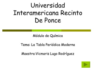 Universidad Interamericana Recinto De Ponce Módulo de Química Tema: La Tabla Periódica Moderna Maestra:Vicmaris Lugo Rodríguez 