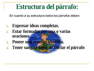 Estructura del párrafo: Expresar ideas completas. Estar formados por una o varias oraciones. Poseer una oración temática. Tener sangr ía antes de iniciar el párrafo En cuanto a su estructura todos los párrafos deben: 