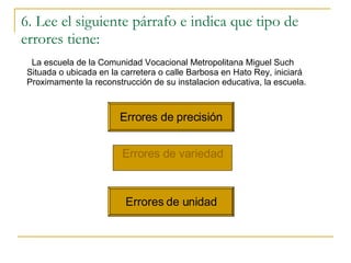 6. Lee el siguiente párrafo e indica que tipo de errores tiene: Errores  de  variedad Errores de precisi ón Errores de unidad La escuela de la Comunidad Vocacional Metropolitana Miguel Such Situada o ubicada en la carretera o calle Barbosa en Hato Rey, iniciar á Proximamente la reconstrucción de su instalacion educativa, la escuela. 