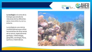 La ecología es la rama de la
biología que estudia las
relaciones de los diferentes
seres vivos entre sí y con su
entorno
La ecología es una ciencia
multidisciplinaria que utiliza
herramientas de otras ramas
de la ciencia, especialmente
geología, meteorología,
geografía, sociología, física,
química y matemáticas.
 
