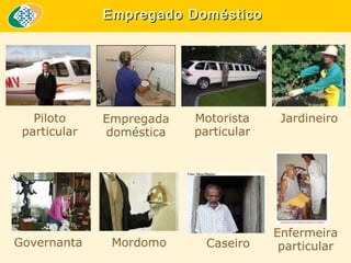 Empregado Doméstico

Piloto
particular

Governanta

Empregada
doméstica

Mordomo

Motorista
particular

Caseiro

Jardineiro

Enfermeira
particular

 