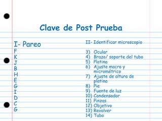 Clave de Post Prueba I- Pareo F K J B H E G I D C G II- Identificar microscopio Ocular Brazo/ soporte del tubo Platina Ajuste macro y micrométrico Ajuste de altura de platina Pie Fuente de luz  Condensador Pinzas Objetivo Revolver Tubo 