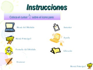 Instrucciones Anterior Avanzar Menú Principal Glosario Portada del Módulo Ayuda Menú del Módulo Coloca el cursor    sobre el  í cono para:   Menú Principal 