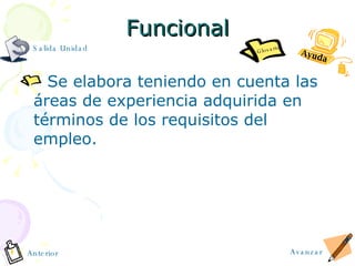 Funcional Se elabora teniendo en cuenta las áreas de experiencia adquirida en términos de los requisitos del empleo. Avanzar Anterior Salida Unidad Ayuda Glosario 