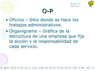 O-P Oficina – Sitio donde se hace los trabajos administrativos. Organigrama – Gráfica de la estructura de una empresa que fija la acción y la responsabilidad de cada servicio. A - B C - D Y - Z G - H E - F I - J K - L M – N -  Ñ O - P Q - R S - T U - V W - X Regresar Glosario 
