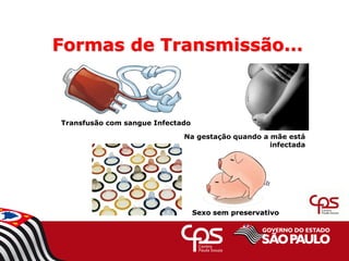 Formas de Transmissão...
Transfusão com sangue Infectado
Na gestação quando a mãe está
infectada
Sexo sem preservativo
 