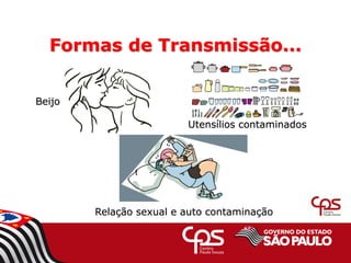 Formas de Transmissão...
Beijo
Utensílios contaminados
Relação sexual e auto contaminação
 