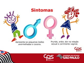Prurido, ardor, dor na relação
sexual e corrimento vaginal.
Apresenta-se pequenas lesões
avermelhadas e coceira.
Sintomas
 