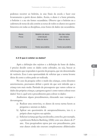 podemos recorrer ao boletim, às atas finais da escola e fazer esse
levantamento a partir desses dados. Assim, o aluno é a fonte primária,
o boletim e a ata são fontes secundárias. Observe que o boletim ou a
caderneta de notas da sala contém as notas de todos os alunos nos quatro
bimestres em todas as disciplinas, estas fontes de dados são secundárias.
Aluno
Prova
Fonte primária
Boletim do aluno
(individual)
Nota do aluno
Fonte secundária
Ata das notas
(da classe)
Nota do aluno
Fonte secundária
4.3 O que é coletar os dados?
Após a definição dos sujeitos e a definição da fonte de dados,
é preciso decidir como os dados serão coletados, ou seja, buscar as
informações que respondam à questão da pesquisa, que são denominadas
de variáveis. Essa é uma oportunidade de solicitar que a turma levante
ideias de como a coleta pode ser realizada.
No caso da pesquisa sobre o medo das crianças, como dissemos
anteriormente, precisamos definir a partir do que será inferido que a
criança tem mais medo. Partindo do pressuposto que vamos coletar os
dados das próprias crianças, a pergunta agora é: como vamos coletar esses
dados? Isto é, qual será o procedimento para coletar os dados:
Analisemos alguns procedimentos, elencando suas vantagens e
desvantagens:
a)	 Realizar uma entrevista, os alunos da nossa turma fazem as
perguntas e anotam os dados.
b)	 Aplicar um questionário de autopreenchimento, isto é, o
próprio aluno registra sua opinião.
c)	 Solicitaràcriançaquefaçaumdesenho,comofez,porexemplo,
a professora Roberta Buehring (2006) com seus alunos de 2º
ano. Esta pesquisadora optou por este procedimento, pois
seus alunos ainda não estavam completamente alfabetizados
Módulo 5 I Volume 3 109UESC
Tratamento da Informação - tabelas e gráficos
3Unidade
 
