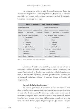 Na pesquisa que utiliza o jogo da memória com os alunos da
classe e seus responsáveis (dados emparelhados, Figura 47), as variáveis
envolvidas são: gênero, idade, autopercepção de capacidade de memória,
bem como o tempo gasto no jogo.
Ficha da pesquisa: “Quem tem mais memória?”
Nome da criança: _______________ Nome do responsável: ___________
Idade: ____________ anos completos Idade: ____________ anos completos
Gênero: ( ) Masculino ( ) Feminino Gênero: ( ) Masculino ( ) Feminino
Você acha que a sua memória é:
( ) Muito Boa
( ) Boa
( ) Regular
( ) Fraca
( ) Muito Fraca
Você acha que a sua memória é:
( ) Muito Boa
( ) Boa
( ) Regular
( ) Fraca
( ) Muito Fraca
Tempo que gastou no jogo:
minutos: _______________
segundos: ______________
Tempo que gastou no jogo:
minutos: ________________
segundos: _______________
Conversão em segundos: _________ Conversão em segundos: __________
Figura 47 - Exemplo de ficha para coletar dados emparelhados.
Chamamos de dados emparelhados, quando eles se referem a
uma mesma unidade de dados. Assim, o dado se refere a uma criança e a
seu pai (responsável), os dois formam uma única unidade. Se quisermos
fazer os instrumentos separados, teríamos que adicionar o nome do pai
(responsável) na ficha da criança, e o nome da criança, na ficha do pai
(responsável).
	 Exemplo de fichas de observação
No caso da germinação de sementes, o dado será coletado pela
observação direta na natureza ou no experimento, portanto precisaremos
de uma ficha de observação. Notamos que a observação na natureza é
muito mais complexa. Nesse tipo de observação, muitas variáveis podem
interferir sem termos como controlá-las, como umidade do ar e da
terra, fertilidade do solo, época de germinação etc. Já, em uma situação
118 EADPedagogia
Metodologia do Ensino da Matemática
 