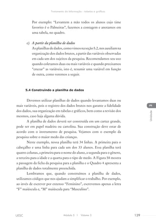 Por exemplo: “Levantem a mão todos os alunos cujo time
favorito é o Palmeiras”, fazemos a contagem e anotamos em
uma tabela, no quadro.
c)	 A partir da planilha de dados
Asplanilhasdedados,comovimosnaseção5.2,nosauxiliamna
organização dos dados brutos, a partir das variáveis observadas
em cada um dos sujeitos da pesquisa. Recomendamos seu uso
quando coletamos duas ou mais variáveis e quando precisamos
“cruzar” as variáveis, isto é, resumir uma variável em função
de outra, como veremos a seguir.
5.4 Construindo a planilha de dados
Devemos utilizar planilhas de dados quando levantamos duas ou
mais variáveis, pois o registro dos dados brutos nos garante a fidelidade
dos dados, sua organização em tabelas e gráficos, bem como a revisão dos
mesmos, caso haja alguma dúvida.
A planilha de dados deverá ser construída em um cartaz grande,
pode ser em papel madeira ou cartolina. Sua construção deve estar de
acordo com o instrumento de pesquisa. Vejamos com o exemplo da
pesquisa sobre o maior medo das crianças.
Neste exemplo, nossa planilha terá 34 linhas. A primeira para o
cabeçalho e uma linha para cada um dos 33 alunos. Essa planilha terá
quatro colunas, a primeira para o nome do aluno, a segunda para o gênero,
a terceira para a idade e a quarta para o tipo de medo. A Figura 58 mostra
a passagem da ficha da pesquisa para a planilha e o Quadro 4 apresenta a
planilha de dados totalmente preenchida.
Lembramos que, quando construímos a planilha de dados,
utilizamos códigos que nos ajudam a simplificar o trabalho. Por exemplo,
ao invés de escrever por extenso “Feminino”, escrevemos apenas a letra
“F” maiúscula e, “M” maiúscula para “Masculino”.
Módulo 5 I Volume 3 129UESC
Tratamento da Informação - tabelas e gráficos
3Unidade
 