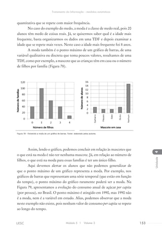 quantitativa que se repete com maior frequência.
No caso do exemplo do medo, a moda é a classe de medo real, pois 20
alunos têm medo de coisas reais. Já, se quisermos saber qual é a idade mais
frequente, basta organizarmos os dados em uma TDF e depois examinar a
idade que se repete mais vezes. Neste caso a idade mais frequente foi 8 anos.
A moda também é o ponto máximo de um gráfico de barras, de uma
variável qualitativa ou discreta que toma poucos valores, resultantes de uma
TDF, como por exemplo, a mascote que as crianças têm em casa ou o número
de filhos por família (Figura 78).
Figura 78 - Extraindo a moda de um gráfico de barras. Fonte: elaborado pelos autores.
Assim, lendo o gráfico, podemos concluir em relação às mascotes que
o que está na moda é não ter nenhuma mascote. Já, em relação ao número de
filhos, o que está na moda para essas famílias é ter um único filho.
Aqui devemos alertar os alunos que não podemos generalizar de
que o ponto máximo de um gráfico representa a moda. Por exemplo, nos
gráficos de barras que representam uma série temporal (que estão em função
do tempo), o ponto máximo do gráfico raramente poderá ser a moda. Na
Figura 79, apresentamos a evolução do consumo anual de açúcar per capita
(por pessoa), no Brasil. O ponto máximo é atingido em 1990, mas 1990 não
é a moda, nem é a variável em estudo. Alias, podemos observar que a moda
neste exemplo não existe, pois nenhum valor de consumo per capita se repete
ao longo do tempo.
Módulo 5 I Volume 3 153UESC
Tratamento da Informação - medidas estatísticas
4Unidade
 