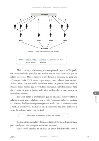 Figura 81 - A média como a razão entre duas variáveis.
Média = Total de irmãos = 6 irmãos = 1,5 irmãos por aluno
Nº de alunos 4 alunos
Muitas crianças não conseguem compreender que a média pode
ter como resultado um valor não inteiro, em um caso como este que se
refere a pessoas. Muitos tendem a arredondar o número, ou para um
(1), ou para dois (2). Vejamos o que acontece em cada um desses casos.
Se cada aluno tem em média um irmão, então os quatro alunos terão 4
irmãos, dois a menos que o verdadeiro número. Se arredondarmos para
dois, então os quatro alunos terão oito irmãos, dois a mais do que o
verdadeiro número.
Por essa razão é importante que as crianças compreendam a
relação inversa que estabelece entre o todo (soma dos valores), a média
e o número de elementos que compõem a média. Isto é, se conhecemos
a média e o número de elementos que a compõem, podemos conhecer a
soma de todos os valores da variável:
Média * Nº de elementos = soma dos valores
Assim,nãoépossívelarredondarosdadosdeformaindiscriminada,
pois em alguns casos comprometemos os mesmos.
Neste nível escolar, as crianças já estão familiarizadas com a
Módulo 5 I Volume 3 157UESC
Tratamento da Informação - medidas estatísticas
4Unidade
 