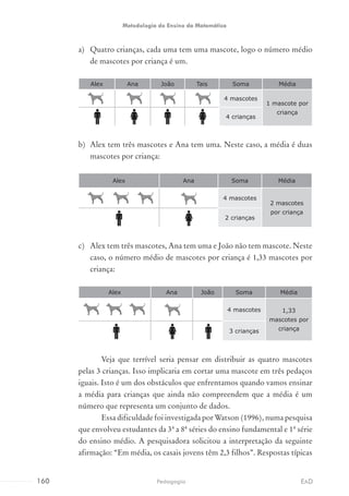 a)	 Quatro crianças, cada uma tem uma mascote, logo o número médio
de mascotes por criança é um.
Alex Ana João Tais Soma Média
4 mascotes
1 mascote por
criança
4 crianças
b)	 Alex tem três mascotes e Ana tem uma. Neste caso, a média é duas
mascotes por criança:
Alex Ana Soma Média
4 mascotes
2 mascotes
por criança
2 crianças
c)	 Alex tem três mascotes, Ana tem uma e João não tem mascote. Neste
caso, o número médio de mascotes por criança é 1,33 mascotes por
criança:
Alex Ana João Soma Média
4 mascotes 1,33
mascotes por
criança3 crianças
Veja que terrível seria pensar em distribuir as quatro mascotes
pelas 3 crianças. Isso implicaria em cortar uma mascote em três pedaços
iguais. Isto é um dos obstáculos que enfrentamos quando vamos ensinar
a média para crianças que ainda não compreendem que a média é um
número que representa um conjunto de dados.
Essa dificuldade foi investigada por Watson (1996), numa pesquisa
que envolveu estudantes da 3ª a 8ª séries do ensino fundamental e 1ª série
do ensino médio. A pesquisadora solicitou a interpretação da seguinte
afirmação: “Em média, os casais jovens têm 2,3 filhos”. Respostas típicas
160 EADPedagogia
Metodologia do Ensino da Matemática
 