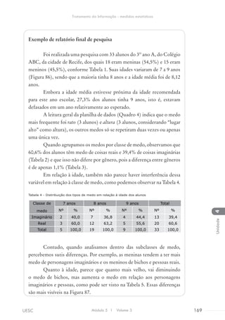 Exemplo de relatório final de pesquisa
Foi realizada uma pesquisa com 33 alunos do 3º ano A, do Colégio
ABC, da cidade de Recife, dos quais 18 eram meninas (54,5%) e 15 eram
meninos (45,5%), conforme Tabela 1. Suas idades variaram de 7 a 9 anos
(Figura 86), sendo que a maioria tinha 8 anos e a idade média foi de 8,12
anos.
Embora a idade média estivesse próxima da idade recomendada
para este ano escolar, 27,3% dos alunos tinha 9 anos, isto é, estavam
defasados em um ano relativamente ao esperado.
A leitura geral da planilha de dados (Quadro 4) indica que o medo
mais frequente foi rato (3 alunos) e altura (3 alunos, considerando “lugar
alto” como altura), os outros medos só se repetiram duas vezes ou apenas
uma única vez.
Quando agrupamos os medos por classe de medo, observamos que
60,6% dos alunos têm medo de coisas reais e 39,4% de coisas imaginárias
(Tabela 2) e que isso não difere por gênero, pois a diferença entre gêneros
é de apenas 1,1% (Tabela 3).
Em relação à idade, também não parece haver interferência dessa
variável em relação à classe de medo, como podemos observar na Tabela 4.
Tabela 4 - Distribuição dos tipos de medo em relação à idade dos alunos
Contudo, quando analisamos dentro das subclasses de medo,
percebemos sutis diferenças. Por exemplo, as meninas tendem a ter mais
medo de personagens imaginários e os meninos de bichos e pessoas reais.
Quanto à idade, parece que quanto mais velho, vai diminuindo
o medo de bichos, mas aumenta o medo em relação aos personagens
imaginários e pessoas, como pode ser visto na Tabela 5. Essas diferenças
são mais visíveis na Figura 87.
Classe de
medo
7 anos 8 anos 9 anos Total
Nº % Nº % Nº % Nº %
Imaginário 2 40,0 7 36,8 4 44,4 13 39,4
Real 3 60,0 12 63,2 5 55,6 20 60,6
Total 5 100,0 19 100,0 9 100,0 33 100,0
Módulo 5 I Volume 3 169UESC
Tratamento da Informação - medidas estatísticas
4Unidade
 