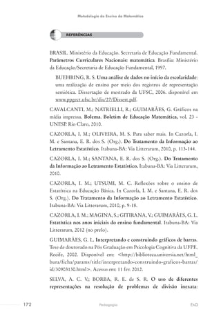 REFERÊNCIAS
BRASIL. Ministério da Educação. Secretaria de Educação Fundamental.
Parâmetros Curriculares Nacionais: matemática. Brasília: Ministério
da Educação/Secretaria de Educação Fundamental, 1997.
BUEHRING, R. S. Uma análise de dados no início da escolaridade:
uma realização de ensino por meio dos registros de representação
semiótica. Dissertação de mestrado da UFSC, 2006. disponível em
www.ppgect.ufsc.br/dis/27/Dissert.pdf.
CAVALCANTI, M.; NATRIELLI, R.; GUIMARÃES, G. Gráficos na
mídia impressa. Bolema. Boletim de Educação Matemática, vol. 23 -
UNESP. Rio Claro, 2010.
CAZORLA, I. M.; OLIVEIRA, M. S. Para saber mais. In Cazorla, I.
M. e Santana, E. R. dos S. (Org.). Do Tratamento da Informação ao
Letramento Estatístico. Itabuna-BA: Via Litterarum, 2010, p. 113-144.
CAZORLA, I. M.; SANTANA, E. R. dos S. (Org.). Do Tratamento
da Informação ao Letramento Estatístico. Itabuna-BA: Via Litterarum,
2010.
CAZORLA, I. M.; UTSUMI, M. C. Reflexões sobre o ensino de
Estatística na Educação Básica. In Cazorla, I. M. e Santana, E. R. dos
S. (Org.). Do Tratamento da Informação ao Letramento Estatístico.
Itabuna-BA: Via Litterarum, 2010, p. 9-18.
CAZORLA, I. M.; MAGINA, S.; GITIRANA, V.; GUIMARÃES, G. L.
Estatística nos anos iniciais do ensino fundamental. Itabuna-BA: Via
Litterarum, 2012 (no prelo).
GUIMARÃES, G. L. Interpretando e construindo gráficos de barras.
Tese de doutorado na Pós Graduação em Psicologia Cognitiva da UFPE.
Recife, 2002. Disponível em: <http://biblioteca.universia.net/html_
bura/ficha/params/title/interpretando-construindo-graficos-barras/
id/30903130.html>. Acesso em: 11 fev. 2012.
SELVA, A. C. V.; BORBA, R. E. de S. R. O uso de diferentes
representações na resolução de problemas de divisão inexata:
REFERÊNCIAS
172 EADPedagogia
Metodologia do Ensino da Matemática
 