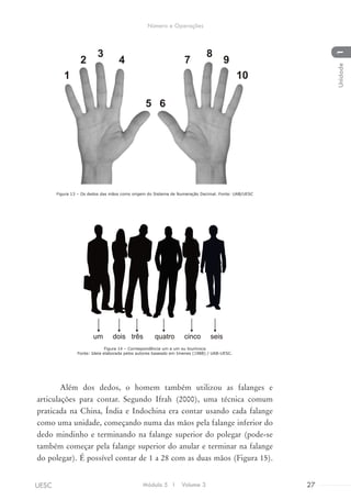 Figura 13 – Os dedos das mãos como origem do Sistema de Numeração Decimal. Fonte: UAB/UESC
Figura 14 – Correspondência um a um ou biunívoca
Fonte: Ideia elaborada pelos autores baseado em Imenes (1988) / UAB-UESC.
Além dos dedos, o homem também utilizou as falanges e
articulações para contar. Segundo Ifrah (2000), uma técnica comum
praticada na China, Índia e Indochina era contar usando cada falange
como uma unidade, começando numa das mãos pela falange inferior do
dedo mindinho e terminando na falange superior do polegar (pode-se
também começar pela falange superior do anular e terminar na falange
do polegar). É possível contar de 1 a 28 com as duas mãos (Figura 15).
Módulo 5 I Volume 3 27UESC
Número e Operações
1Unidade
 