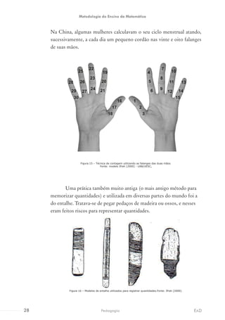 Na China, algumas mulheres calculavam o seu ciclo menstrual atando,
sucessivamente, a cada dia um pequeno cordão nas vinte e oito falanges
de suas mãos.
Figura 15 – Técnica de contagem utilizando as falanges das duas mãos.
Fonte: modelo Ifrah (2000) - UAB/UESC.
Uma prática também muito antiga (o mais antigo método para
memorizar quantidades) e utilizada em diversas partes do mundo foi a
do entalhe. Tratava-se de pegar pedaços de madeira ou ossos, e nesses
eram feitos riscos para representar quantidades.
Figura 16 – Modelos de entalhe utilizados para registrar quantidades.Fonte: Ifrah (2000).
28 EADPedagogia
Metodologia do Ensino da Matemática
 
