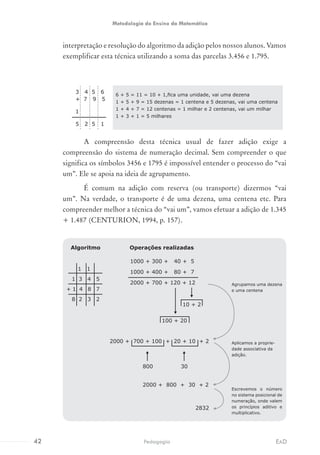 interpretação e resolução do algoritmo da adição pelos nossos alunos. Vamos
exemplificar esta técnica utilizando a soma das parcelas 3.456 e 1.795.
A compreensão desta técnica usual de fazer adição exige a
compreensão do sistema de numeração decimal. Sem compreender o que
significa os símbolos 3456 e 1795 é impossível entender o processo do “vai
um”. Ele se apoia na ideia de agrupamento.
É comum na adição com reserva (ou transporte) dizermos “vai
um”. Na verdade, o transporte é de uma dezena, uma centena etc. Para
compreender melhor a técnica do “vai um”, vamos efetuar a adição de 1.345
+ 1.487 (CENTURION, 1994, p. 157).
3 4 5 6
+ 7 9 5
1
5 2 5 1
6 + 5 = 11 = 10 + 1,fica uma unidade, vai uma dezena
1 + 5 + 9 = 15 dezenas = 1 centena e 5 dezenas, vai uma centena
1 + 4 + 7 = 12 centenas = 1 milhar e 2 centenas, vai um milhar
1 + 3 + 1 = 5 milhares
1 1
1 3 4 5
+ 1 4 8 7
8 2 3 2
Algoritmo Operações realizadas
2000 + 700 + 100 + 20 + 10 + 2
2000 + 800 + 30 + 2
2832
1000 + 300 + 40 + 5
1000 + 400 + 80 + 7
2000 + 700 + 120 + 12
10 + 2
100 + 20
800 30
Agrupamos uma dezena
e uma centena
Aplicamos a proprie-
dade associativa da
adição.
Escrevemos o número
no sistema posicional de
numeração, onde valem
os princípios aditivo e
multiplicativo.
42 EADPedagogia
Metodologia do Ensino da Matemática
 