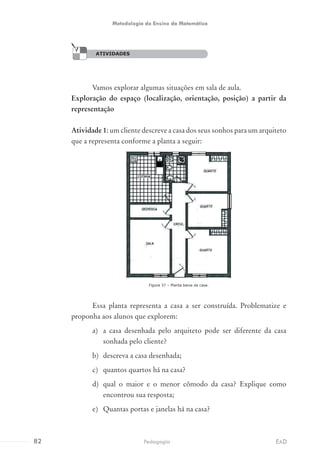 ATIVIDADES
Vamos explorar algumas situações em sala de aula.
Exploração do espaço (localização, orientação, posição) a partir da
representação
Atividade 1: um cliente descreve a casa dos seus sonhos para um arquiteto
que a representa conforme a planta a seguir:
Figura 37 – Planta baixa da casa.
Essa planta representa a casa a ser construída. Problematize e
proponha aos alunos que explorem:
a)	 a casa desenhada pelo arquiteto pode ser diferente da casa
sonhada pelo cliente?
b)	 descreva a casa desenhada;
c)	 quantos quartos há na casa?
d)	 qual o maior e o menor cômodo da casa? Explique como
encontrou sua resposta;
e)	 Quantas portas e janelas há na casa?
ATIVIDADES
82 EADPedagogia
Metodologia do Ensino da Matemática
 