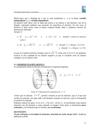 Facultad de Agronomía y Veterinaria


Observamos que y depende de x, por lo cual usualmente a x se la llama variable
independiente y a y variable dependiente.
En general suele darse solo la regla que asocia a un número x del dominio, uno de la
llegada, expresada mediante una ecuación sin especificar el dominio. En este caso, el
dominio se debe tomar como el mayor conjunto donde, dado x, podamos resolver las
operaciones indicadas.
Ejemplo 4:

    1) Si       f ( x ) = 2 x 3 − 3x 2          ó      y = 2 x 3 − 3x 2   ⇒ Dom(f)={ todos los números
        reales}

    2) Si     f ( x) = 2 x − 5             ó        y = 2x − 5        ⇒ Dom(f)={ x ∈ Reales / 2x-5≥ 0}
                                                                          o Dom(f)={ x ∈ Reales / x≥ 5/2}

ya que 2x-5 puede resolverse siempre, pero la 2 x − 5 existe solo si 2x-3≥ 0 (no podemos
resolver la raíz cuadrada de un número negativo ya que el resultado sería un número
complejo, no un número real).


5.4- REPRESENTACIÓN GRÁFICA
Si consideramos ahora la función real dada por el siguiente diagrama:
                              A                         B

                                   1                         1
                                         1/ 2                             ⇔    f ( x) = x 2 o   y = x2
                                                            1/ 4

                                   π/2
                                                             π 2 /4


                                   2                             4



                          Figura Nº 5: Representación esquemática de y = x
                                                                                 2



Vemos que la relación y = x , permite vincular un par de números, que es el par que
                                          2

verifica la ecuación. Así, para cada x del dominio, tenemos el valor de y que le corresponde
al calcular el cuadrado.
Podemos indicar los pares: (1;1), (1/2 ; 1/4), (π/2 ; π2/4), (2 ; 4) escribiendo como primer
elemento uno del dominio y como segundo su imagen. Estos pares se denominan pares
ordenados y los elementos que lo forman, sus coordenadas.

DEFINICIÓN:
Un par ordenado es una dupla de elementos, denotado por (a;b), tal que (a;b) = (c;d) si y
solo si a=c y b=d.


                                                                                                         47
 