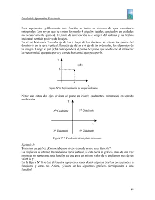 Facultad de Agronomía y Veterinaria


Para representar gráficamente una función se toma un sistema de ejes cartesianos
ortogonales (dos rectas que se cortan formando 4 ángulos iguales, graduados en unidades
no necesariamente iguales). El punto de intersección es el origen del sistema y las flechas
indican el sentido positivo de los ejes.
En el eje horizontal llamado eje de las x ó eje de las abscisas, se ubican los puntos del
dominio y en la recta vertical, llamada eje de las y ó eje de las ordenadas, los elementos de
la imagen. Luego el par (a;b) corresponderá al punto del plano que se obtiene al intersecar
la recta vertical que pasa por a y la recta horizontal que pasa por b.

                                y
                                                   (a;b)
                                    b



                                               a
                                                             x
                        Figura Nº 6: Representación de un par ordenado.


Notar que estos dos ejes dividen al plano en cuatro cuadrantes, numerados en sentido
antihorario.
                                   y


                             2do Cuadrante           1er Cuadrante



                                                                 x

                             3er Cuadrante           4to Cuadrante

                            Figura Nº 7: Cuadrantes de un plano cartesiano.

Ejemplo 5:
Teniendo un gráfico ¿Cómo sabemos si corresponde o no a una función?
La respuesta se obtiene trazando una recta vertical, si ésta corta al gráfico mas de una vez
entonces no representa una función ya que para un mismo valor de x tendíamos más de un
valor de y.
En la figura Nº 8 se dan diferentes representaciones donde algunas de ellas corresponden a
funciones y otras no. Ahora, ¿Cuales de los siguientes gráficos corresponden a una
función?




                                                                                          48
 