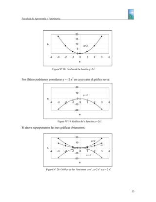 Facultad de Agronomía y Veterinaria




                                                      20
                                                      15
                                                      10
                      y
                                                                a=2
                                                       5
                                                       0
                          -4       -3     -2     -1         0     1      2    3    4
                                                            x


                               Figura Nº 18: Gráfico de la función y=2x2.



Por último podríamos considerar y = -2 x2 en cuyo caso el gráfico sería:

                                                      20

                                                      10
                                                                a=-2
                                                       0
                      y




                          -4       -3     -2     -1         0      1     2    3    4
                                                      -10

                                                      -20
                                                            x

                                    Figura Nº 19: Gráfico de la función y=-2x2.

Si ahora superponemos las tres gráficas obtenemos:


                                                      20
                                                                       a=2
                                                      10
                                                                             a=1
                                                       0
                      y




                          -4       -3     -2     -1         0      1     2    3    4
                                                      -10
                                                                  a=-2
                                                      -20
                                                            x


                      Figura Nº 20: Gráfico de las funciones y=x2, y=2 x2 e y =-2 x2.




                                                                                        55
 