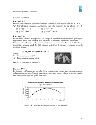 Facultad de Agronomía y Veterinaria


Función cuadrática
Ejercicio Nº 5:
Graficar cada una de las siguientes funciones cuadráticas indicando el valor de “a”,”b” y
“c”, decir además si poseen un valor máximo o un valor mínimo y dar ese valor: y = x 2 − 3
    a) y = ( x − 3) 2 + 2             c) y = x 2 + 8 x                e) y = − x 2
    b) y = x 2 − 3x + 7               d) y = −4 x 2 + x − 6

Ejercicio Nº 6:
En un medio caliente, la temperatura del cuerpo de un animal puede aumentar, pero seguir
regulándose a este nivel superior. Este fenómeno se denomina hipertermia controlada.
Cuando se introdujeron cerdos en un recinto con la temperatura del aire de 32,2 °C su
temperatura corporal desde los 120 minutos hasta los 210 minutos evolucionó según la
siguiente función:

             Te = 0,0003 ti2 - 0,0912 ti + 30,788
donde:
Te = Temperatura rectal (°C)
ti = Tiempo de exposición (min.).

Obtener la grafica de dicha función.


Ejercicio Nº 7:
La siguiente gráfica muestra la evolución de la contracción isotónica del músculo sartorius
del sapo Bufo marinus. Obtenga los datos necesarios de manera tal que le permita escribir
la ecuación cuadrática que ajuste tales datos.


                                        Contracción isotónica del músculo Sartorius del
                                                      sapo Bufo marinus.
              acortamiento (cm)




                                   1
                Distancia de




                                  0,8
                                  0,6
                                  0,4
                                  0,2
                                   0
                                        0    10   20    30   40   50    60   70     80         90
                                                                                  Fuerza (g)



                 Figura Nº 24: Distancia de acortamiento muscular vs. fuerza aplicada.




                                                                                                    61
 