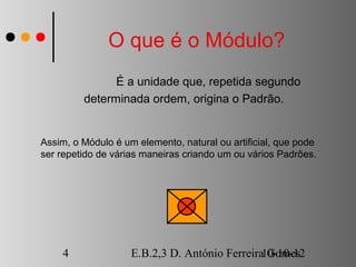 O que é o Módulo?
               É a unidade que, repetida segundo
         determinada ordem, origina o Padrão.


Assim, o Módulo é um elemento, natural ou artificial, que pode
ser repetido de várias maneiras criando um ou vários Padrões.




    4               E.B.2,3 D. António Ferreira10-10-12
                                                Gomes
 