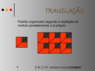 Padrão organizado segundo a repetição do
módulo paralelamente a si próprio.




9          E.B.2,3 D. António Ferreira10-10-12
                                       Gomes
 