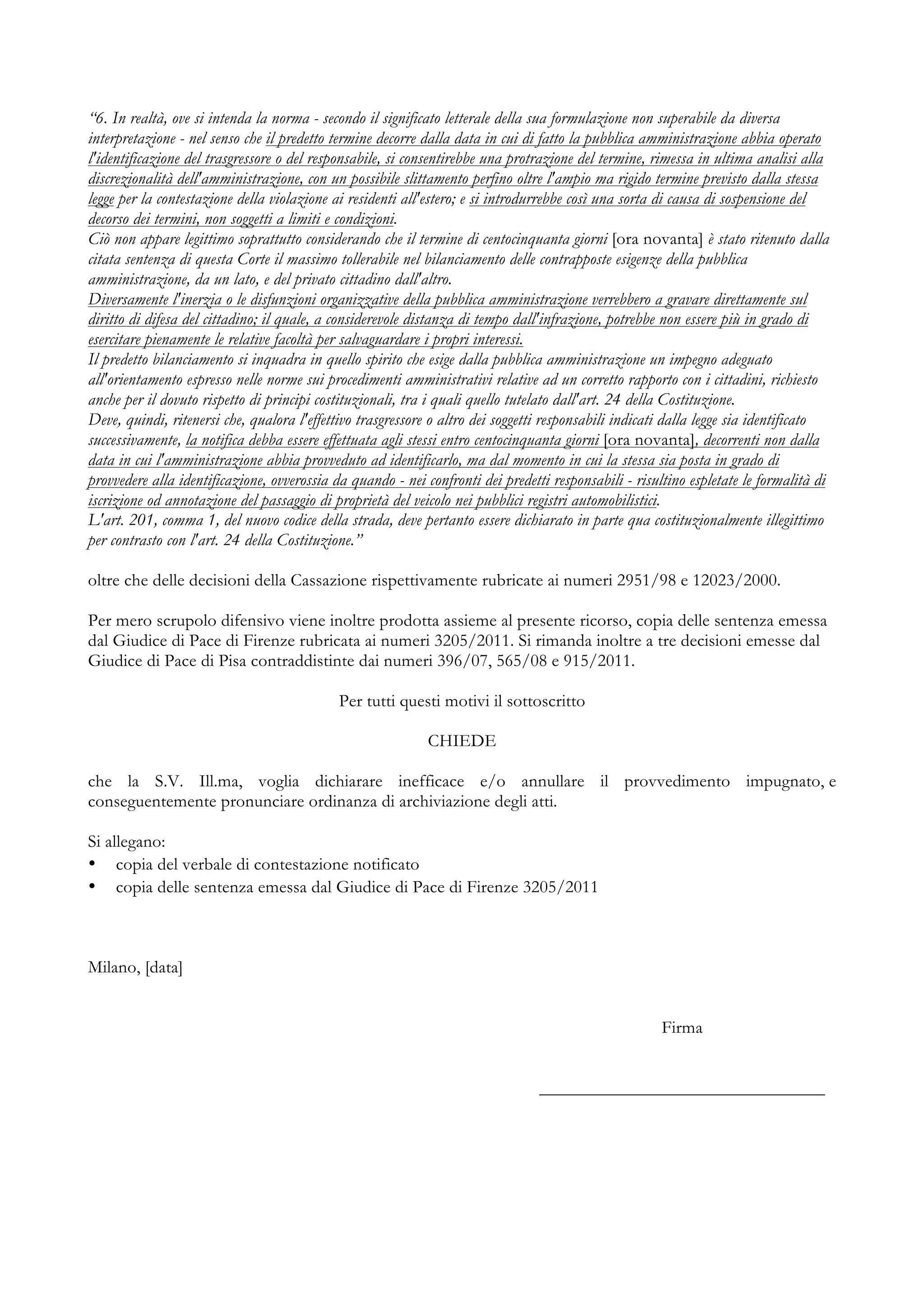 ricorso prefetto per multa modello
