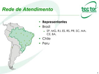 9
• Representantes
• Brasil
► SP, MG, RJ, ES, RS, PR, SC, MA,
CE, BA,
• Chile
• Peru
Rede de Atendimento
 
