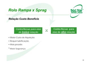 49
Equipamento que
permite que um eixo gire
em um único sentido.
Previne a rotação inversa,
quando não acionado.
Evitam o retorno de equipamentos
como, elevadores de canecas,
correias transportadoras, esteiras.
Contra Recuo
Contra Recuos
Aplicação
 