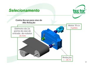 Estudo de Caso 3 - TTBFA
Dados:
•Potência do acionamento: 200 cv;
•Rotação de Saída: 55,62 rpm;
•Diâmetro do eixo: 170mm;
•Fator de Serviço: 1,5;
Equipamento Selecionado:
TTBFA 200 – 2 – O – BR 1849
 