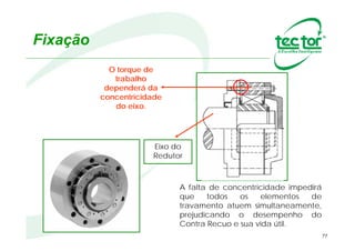 77
Fixação
A fixação do Contra Recuo é realizada por meio de parafusos presos
entre a Capa e o Equipamento.
Montagem por parafusos:
Parafuso
 