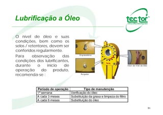 81
Lubrificação a Óleo
Os Contra Recuos / Backstops Tec Tor
que possuem selos de retenção
(vedação), são denominados de
peças seladas, não permitem a saída
do óleo lubrificante e nem a entrada
de contaminantes.
Faça o enchimento com o óleo e
aplique a graxa na selagem antes da
entrada em operação.
Graxa
Óleo
 