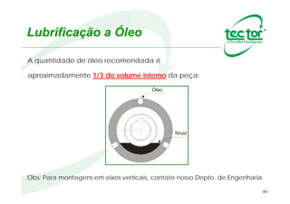 83
Lubrificação a Óleo
O nível de óleo e suas
condições, bem como os
selos / retentores, devem ser
conferidos regularmente.
Para observação das
condições dos lubrificantes,
durante o início de
operação do produto,
recomenda-se :
 