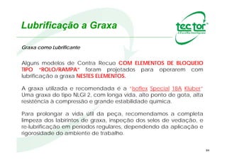 84
Lubrificação a Óleo
A quantidade de óleo recomendada é
aproximadamente 1/3 do volume interno da peça:
Obs: Para montagens em eixos verticais, contate nosso Depto. de Engenharia.
 