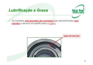 86
Lubrificação a Graxa
Alguns modelos de Contra Recuo COM ELEMENTOS DE BLOQUEIO
TIPO “ROLO/RAMPA” foram projetados para operarem com
lubrificação a graxa NESTES ELEMENTOS.
A graxa utilizada e recomendada é a “Isoflex Special 18A Klüber”
Uma graxa do tipo NLGI 2, com longa vida, alto ponto de gota, alta
resistência à compressão e grande estabilidade química.
Para prolongar a vida útil da peça, recomendamos a completa
limpeza dos labirintos de graxa, inspeção dos selos de vedação, e
re-lubrificação em períodos regulares, dependendo da aplicação e
rigorosidade do ambiente de trabalho.
Graxa como Lubrificante
 