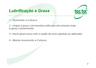 87
Lubrificação a Graxa
Para Contra Recuos / Backstops que
trabalham em ambientes
extremamente agressivos, utiliza-se
graxa como elemento de vedação,
impedindo a contaminação interna
do produto. Tal sistema recebe o
nome de Sistema de Vedação
Reforçada.
Graxa como elemento de vedação
Graxa
Sistema de Vedação Reforçada
 