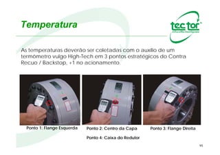 95
Manutenção Preditiva
Ponto 2: Centro da Capa Ponto 3: Flange DireitaPonto 1: Flange Esquerda
As temperaturas deverão ser coletadas com o auxílio de um
termômetro vulgo High-Tech em 3 pontos estratégicos do Contra
Recuo / Backstop, e mais um no acionamento.
Ponto 4: Caixa do Redutor
 