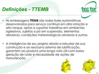 11
Definições - TTEMB
• As embreagens TTEMB são rodas livres automáticas
desenvolvidas para serviço contínuo em alta rotação e
alto torque, aptas a suportar trabalhos em ambientes
agressivos, sujeitos a pó em suspensão, elementos
abrasivos, condições meteorológicas adversas e outros.
• A inteligência de seu projeto aliada a robustez de sua
construção e ao exclusivo sistema de lubrificação,
garantem ao produto uma longa vida útil com baixa
geração de ruído e necessidade de ações de
manutenção.
 
