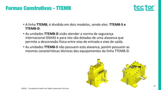 • A linha TTEMB, é dividida em dois modelos, sendo eles: TTEMB-S e
TTEMB-D.
• As unidades TTEMB-D visão atender a norma de segurança
internacional OSHAS e para isto são dotadas de uma alavanca que
permite a desconexão física entre eixo de entrada e eixo de saída.
• As unidades TTEMB-S não possuem esta alavanca, porém possuem as
mesmas características técnicas dos equipamentos da linha TTEMB-D.
14
OHSAS - Occupational Health and Safety Assessment Services
 