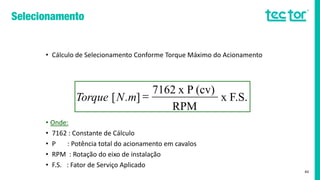 • Cálculo de Selecionamento Conforme Torque Máximo do Acionamento
• Onde:
• 7162 : Constante de Cálculo
• P : Potência total do acionamento em cavalos
• RPM : Rotação do eixo de instalação
• F.S. : Fator de Serviço Aplicado
40
Torque [N.m] =
7162 x P (cv)
x F.S.
RPM
 