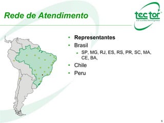9
• Representantes
• Brasil
► SP, MG, RJ, ES, RS, PR, SC, MA,
CE, BA,
• Chile
• Peru
Rede de Atendimento
 