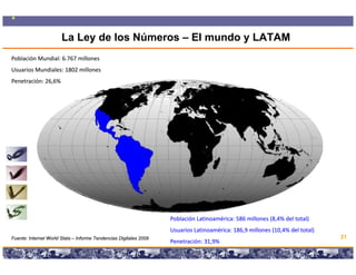 La Ley de los Números – El mundo y LATAM
Población Mundial: 6.767 millones
Usuarios Mundiales: 1802 millones
Penetración: 26,6%




                                                                            Población Latinoamérica: 586 millones (8,4% del total)
                                                                            Usuarios Latinoamérica: 186,9 millones (10,4% del total)
Fuente: Internet World Stats – Informe Tendencias Digitales 2009                                                                       21
                                                                            Penetración: 31,9%
                                                Copyright © 2008 Marcos Pueyrredon <mpueyrredon@consultagroup.com>
 