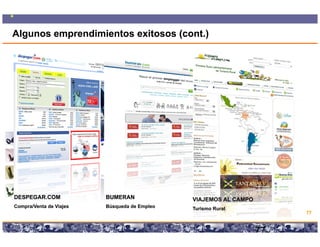 Algunos emprendimientos exitosos (cont.)




DESPEGAR.COM              BUMERAN                                          VIAJEMOS AL CAMPO
Compra/Venta de Viajes    Búsqueda de Empleo                               Turismo Rural
                                                                                                    77

                         Copyright © 2008 Marcos Pueyrredon <mpueyrredon@consultagroup.com>

                                                                                               77
 