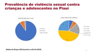Prevalência de violência sexual contra
crianças e adolescentes no Piauí
(Dados do Disque 100 de janeiro a abril de 2019)
18
 